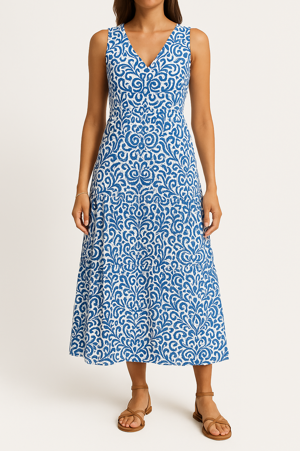 Women’s Midi Dress – Sleeveless V-Neck – Relaxed Fit – Abstract Print A-Line Skirt