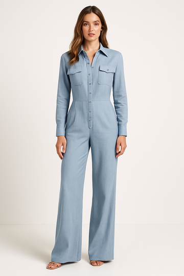 Women’s Jumpsuit – Cotton Blend – Wide Leg – Button Front – Shirt Collar – Long Sleeve