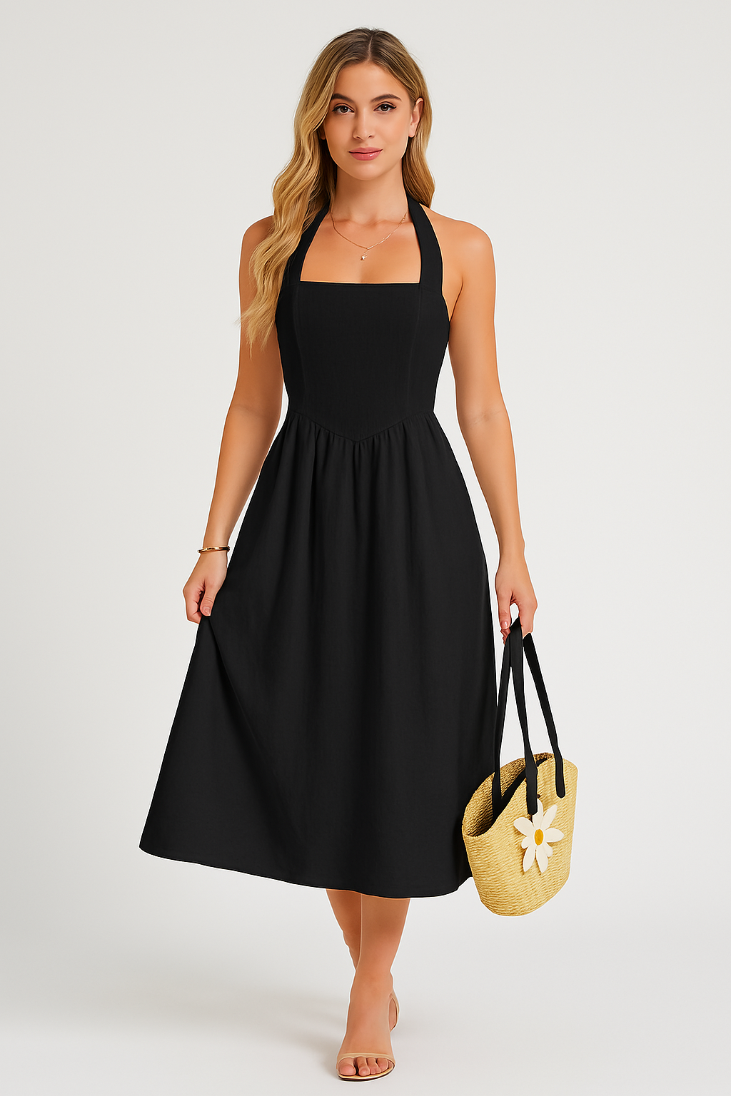 Women’s Halter Neck Dress – Cotton Linen – Sleeveless A-Line Fit – Midi Length