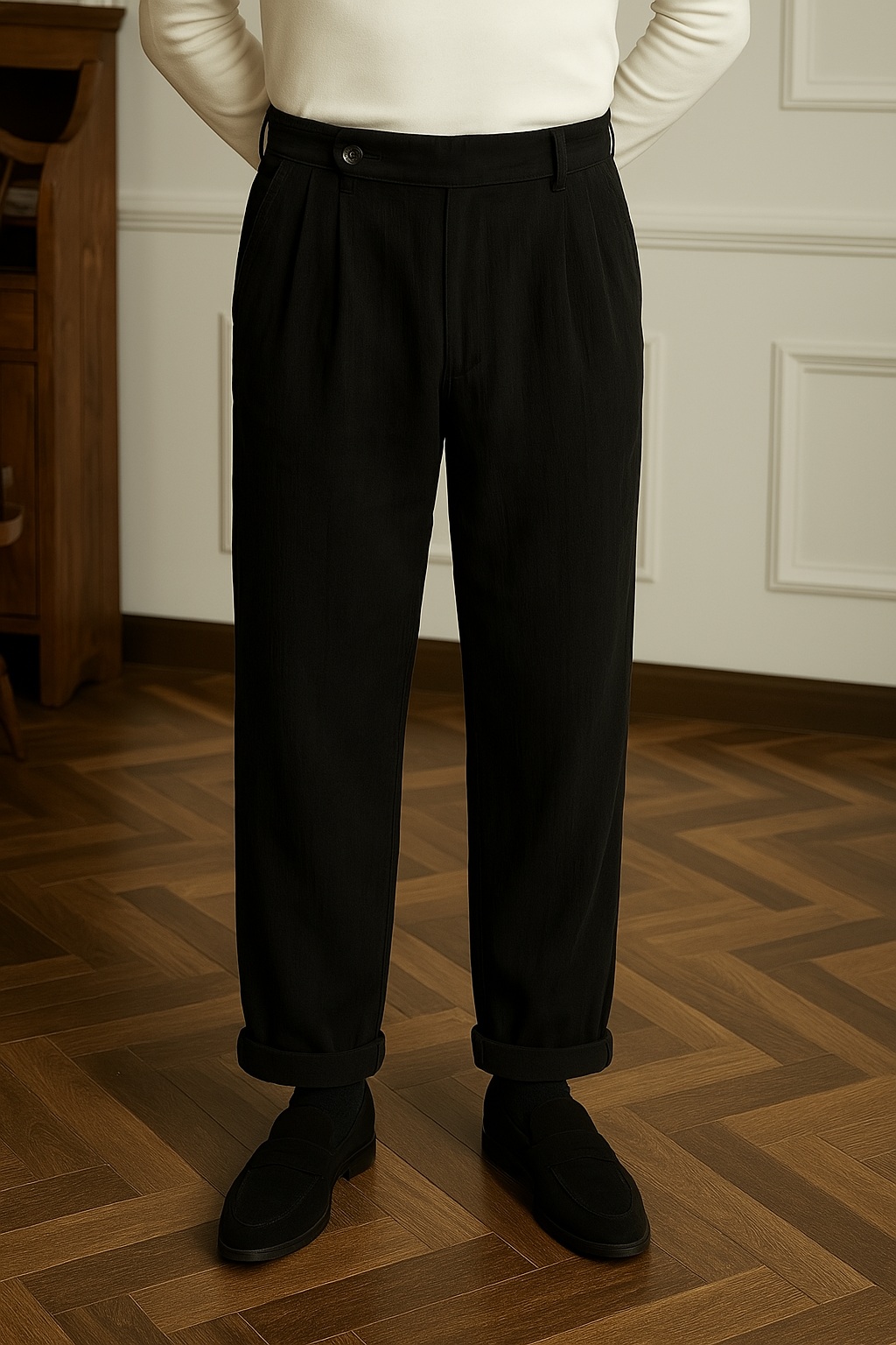 Men’s Corduroy Trousers – High Waist – Straight Fit – Pleated Front – Cuffed Hem