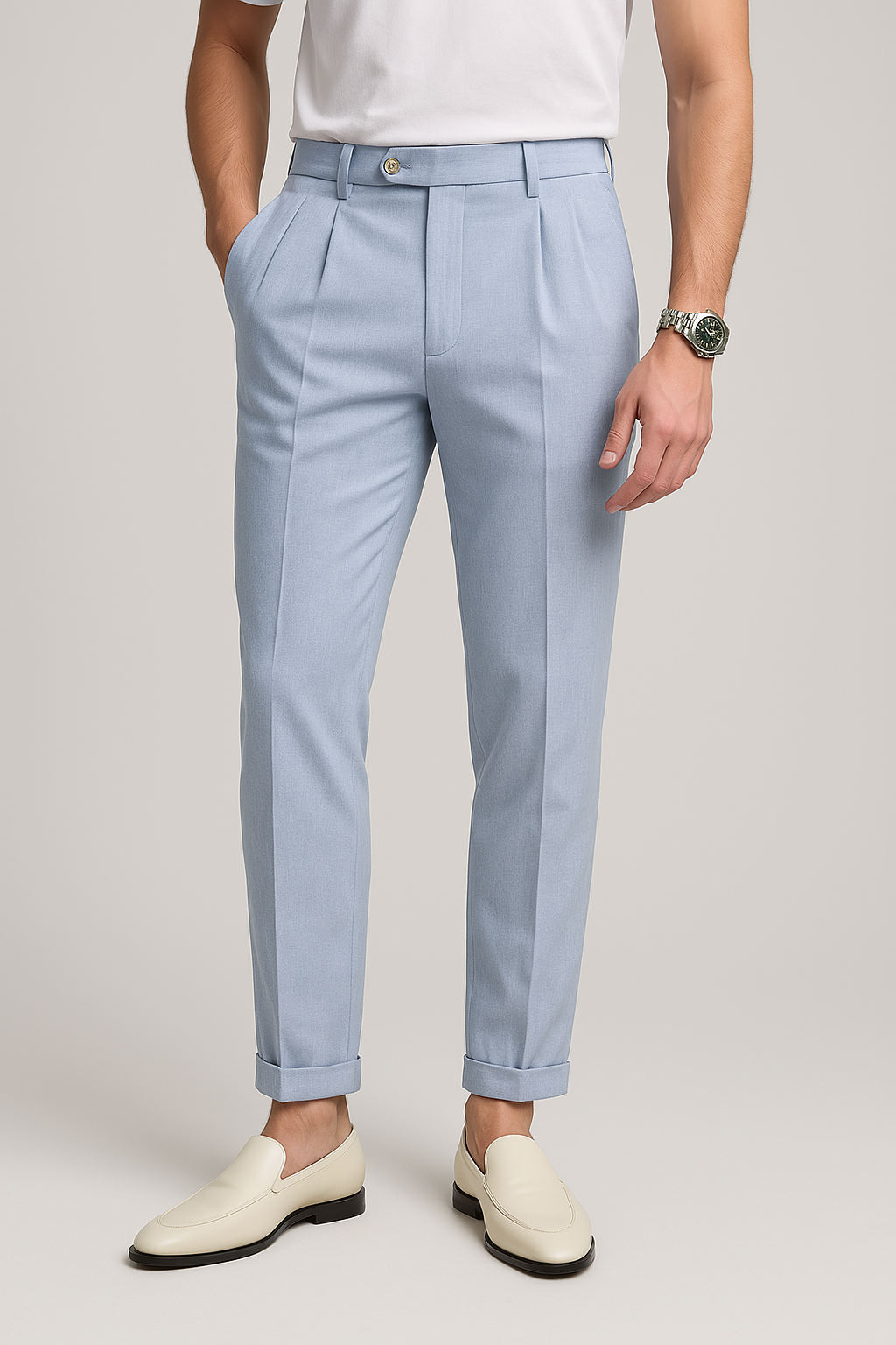 Men’s Straight-Leg Trousers – High Waist – Pleated Front – Turned-Up Hems – Breathable Fabric