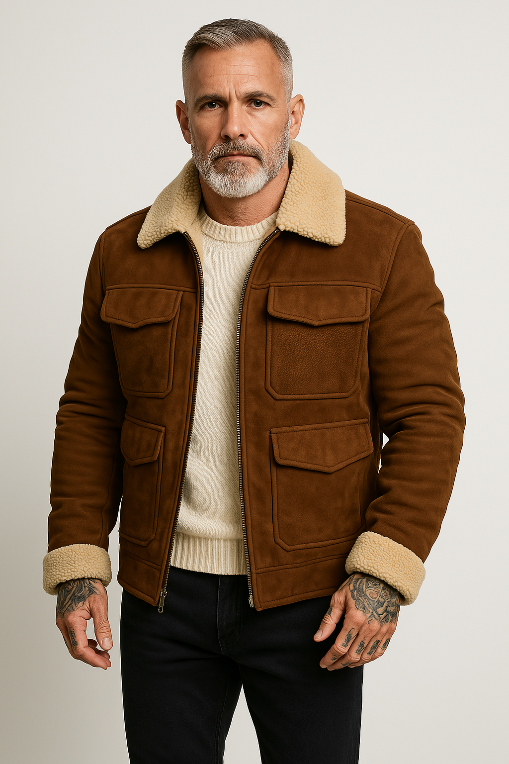 Men’s Shearling Jacket –  Structured Fit – Flap Pockets – Zip Front