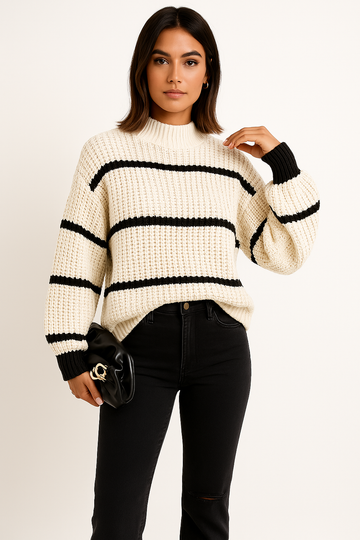Women’s Sweater – Relaxed Fit – Wool Blend Knit – Chunky Stripe – Crew Neck – Long Sleeve