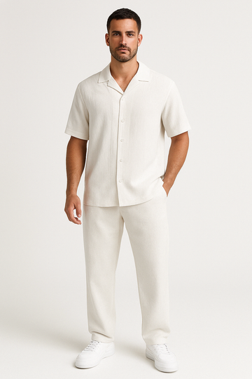 Men’s Casual Suit Set – Cotton Linen Blend – Relaxed Fit – Short Sleeve & Trousers