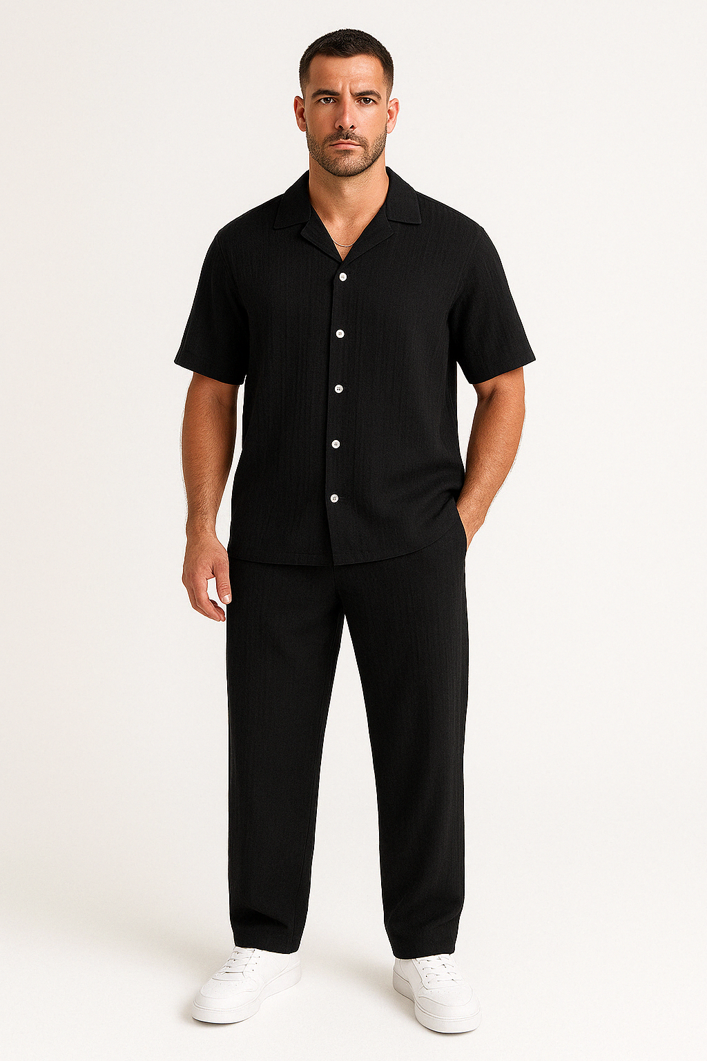 Men’s Casual Suit Set – Cotton Linen Blend – Relaxed Fit – Short Sleeve & Trousers