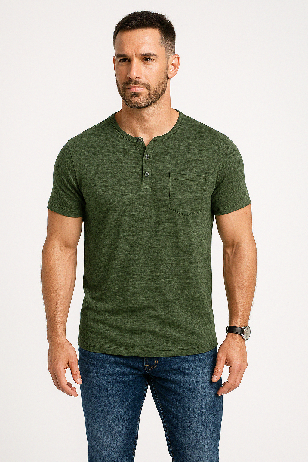 Men’s Slim Fit T-Shirt – Soft Cotton Blend – Henley Neck – Chest Pocket Casual Wear