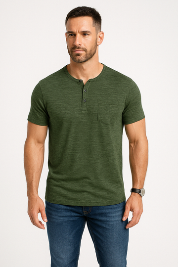 Men’s Slim Fit T-Shirt – Soft Cotton Blend – Henley Neck – Chest Pocket Casual Wear