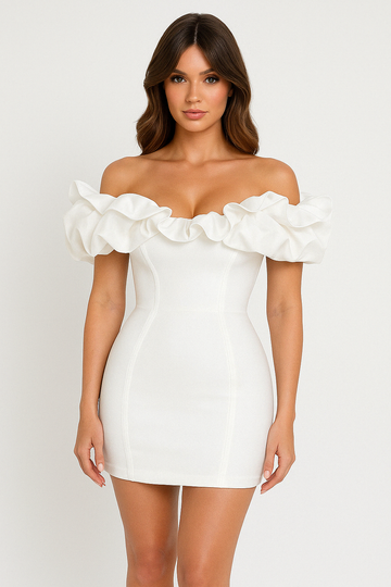 Women’s Mini Dress – Bodycon Slim Fit – Off Shoulder – Ruffled Neckline Party Wear