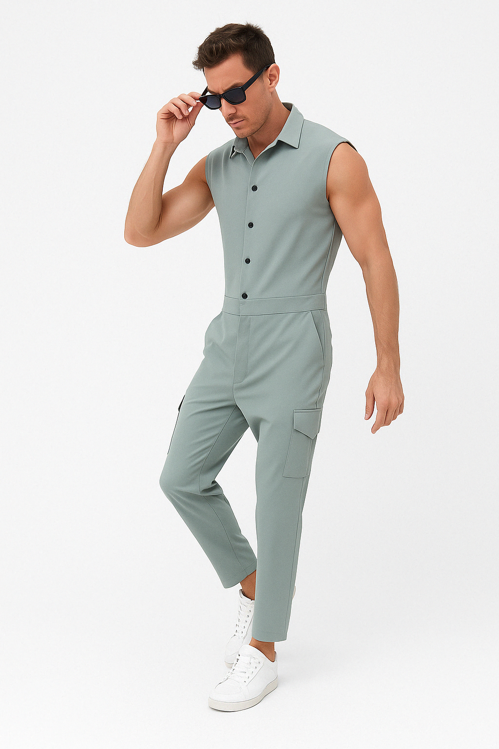 Men’s Jumpsuit – Slim Fit – Sleeveless – Button-Up Front – Utility Pockets – Full Length