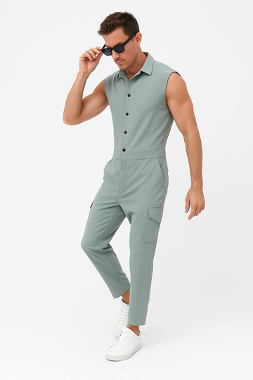 Men’s Jumpsuit – Slim Fit – Sleeveless – Button-Up Front – Utility Pockets – Full Length