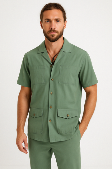 Men’s Short Sleeve Shirt – Cotton Linen Blend – Relaxed Fit – Notched Collar – 4 Pockets