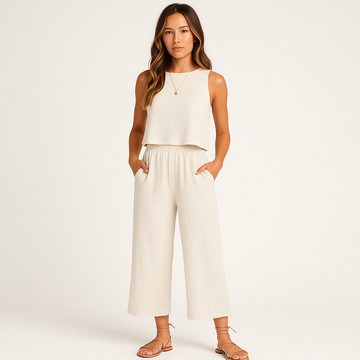 Women’s Lounge Set – Sleeveless Crop Top – Wide Leg Trousers – Lightweight Relaxed Fit