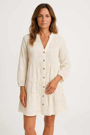 Women’s Dress – Cotton Eyelet Lace – Loose Fit – V-Neck – Button Front – Boho Style