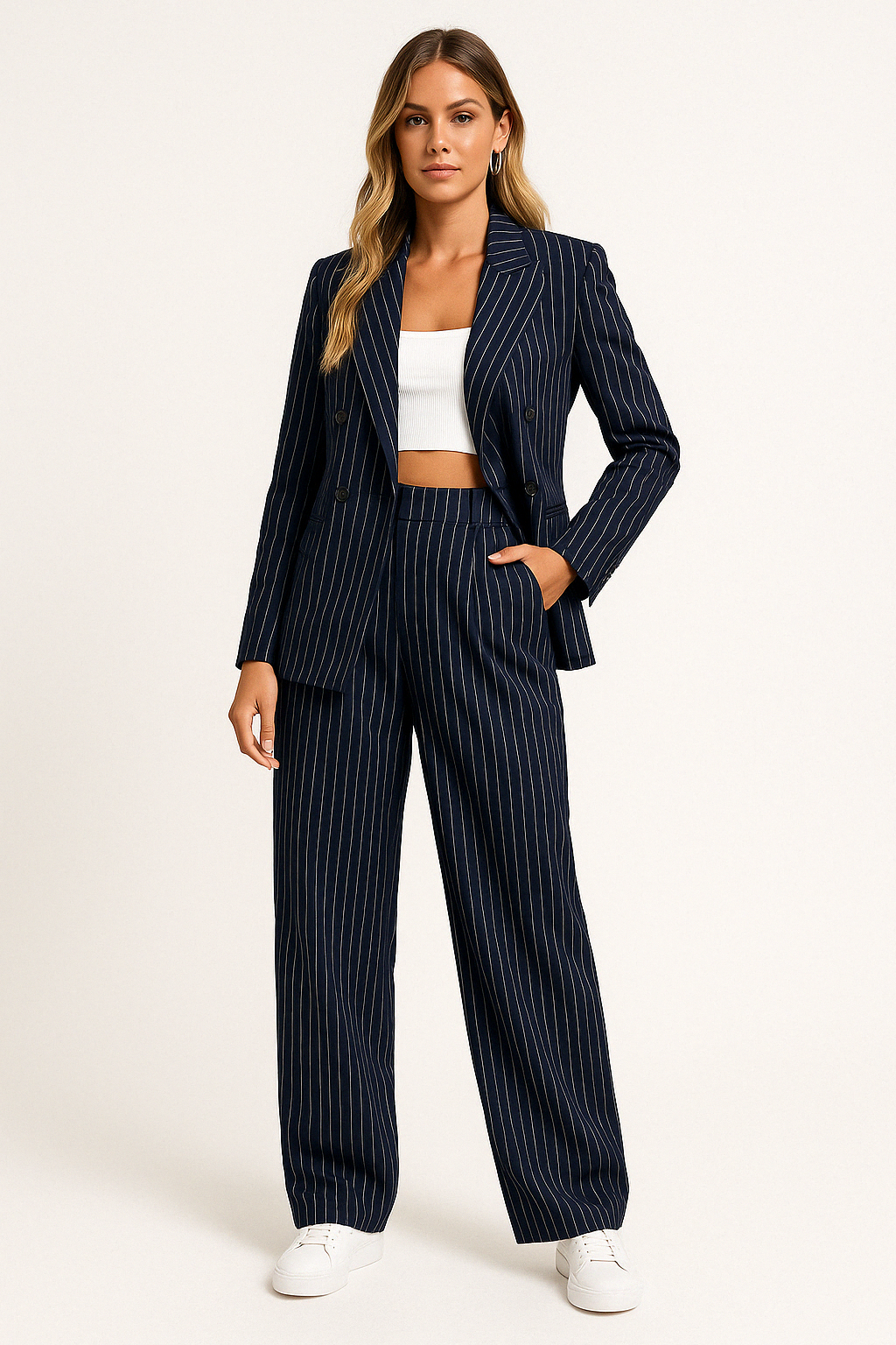 Women’s Blazer and Trouser Set – Tailored Fit – Pinstripe – Double-Breasted – Wide Leg