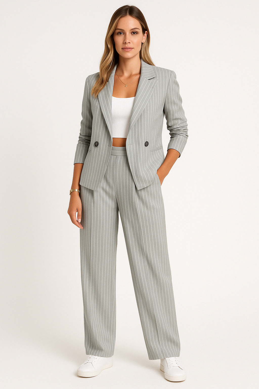 Women’s Blazer and Trouser Set – Tailored Fit – Pinstripe – Double-Breasted – Wide Leg