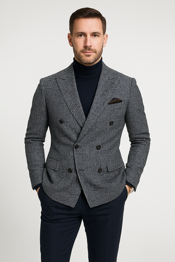 Men’s Blazer – Tweed Fabric – Tailored Fit – Double Breasted – Peak Lapel Formal Wear