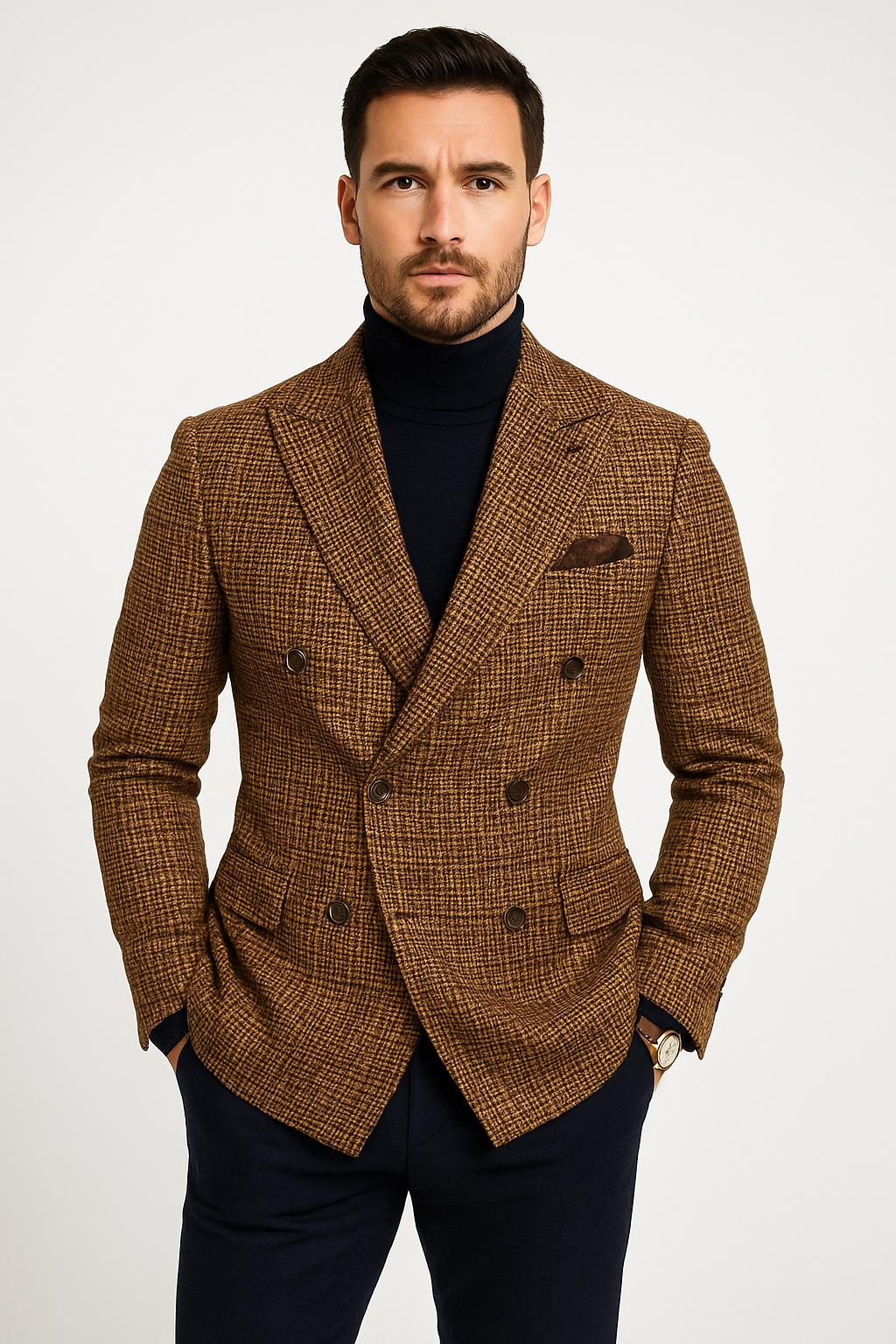 Men’s Blazer – Tweed Fabric – Tailored Fit – Double Breasted – Peak Lapel Formal Wear