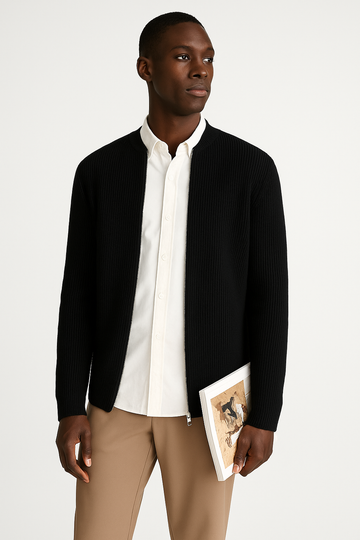 Men’s Cardigan – Ribbed Knit – Relaxed Fit – Double Zipper – Long Sleeve Layering