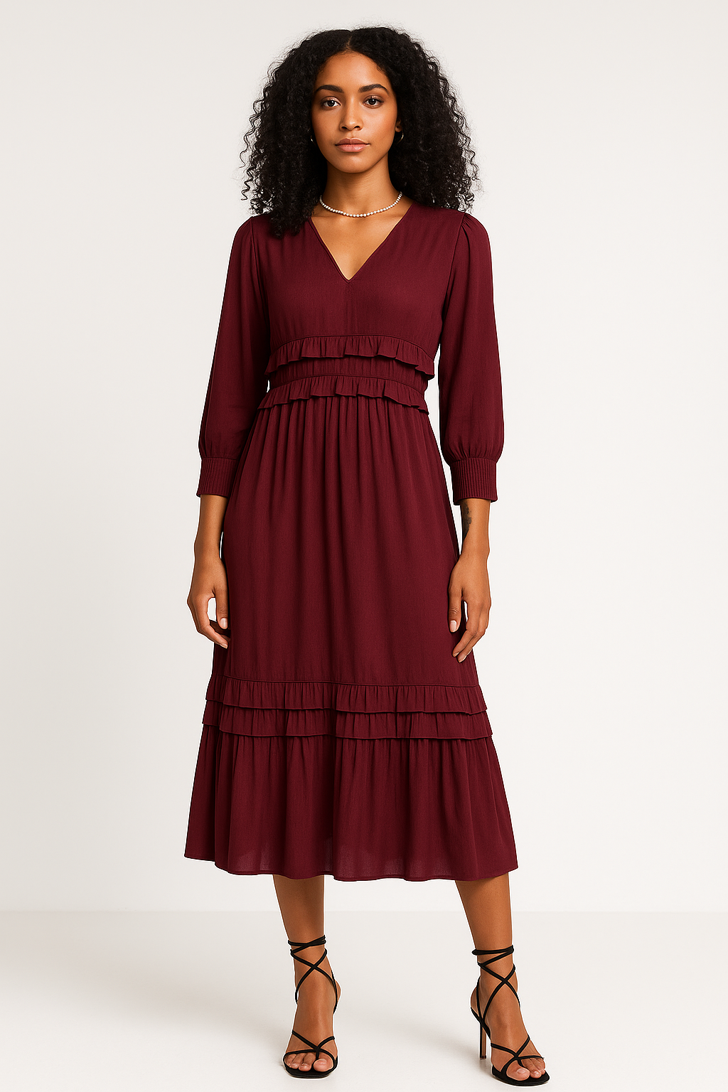 Women’s Midi Dress – Cotton Blend – Relaxed Fit – V-Neck – Long Sleeve – Tiered Hem