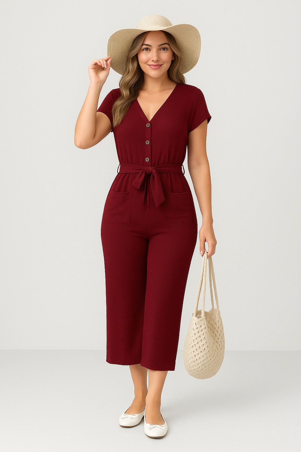 Women’s Jumpsuit – Lightweight Cotton Blend – Relaxed Fit – V-Neck – Belted Waist