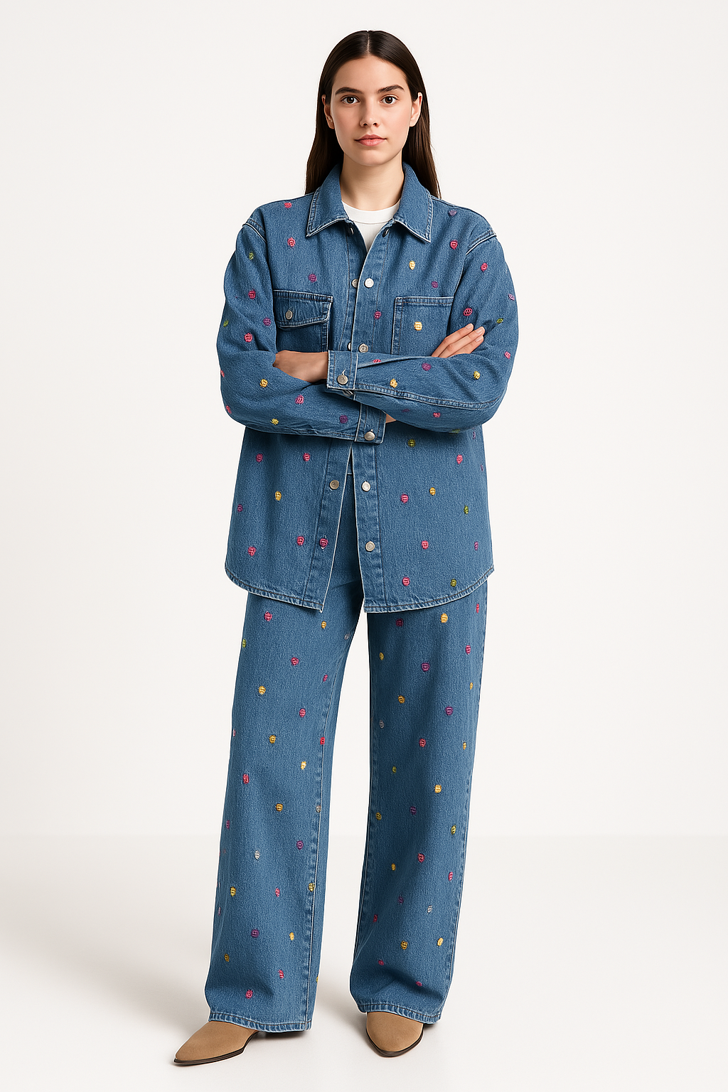 Women’s Denim Jacket and Pants Set – Oversized Fit – Embellished – Wide Leg Casual Style