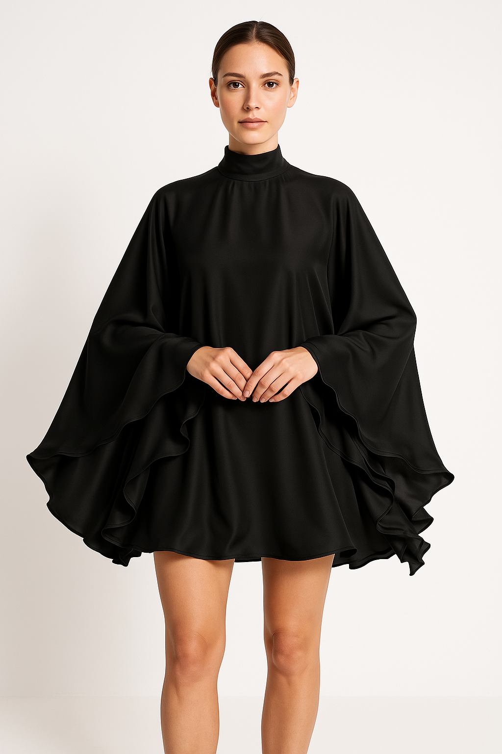 Women’s Short Dress – Flowing Fit – Half-High Neck – Ruffled Sleeves – Lightweight Fabric
