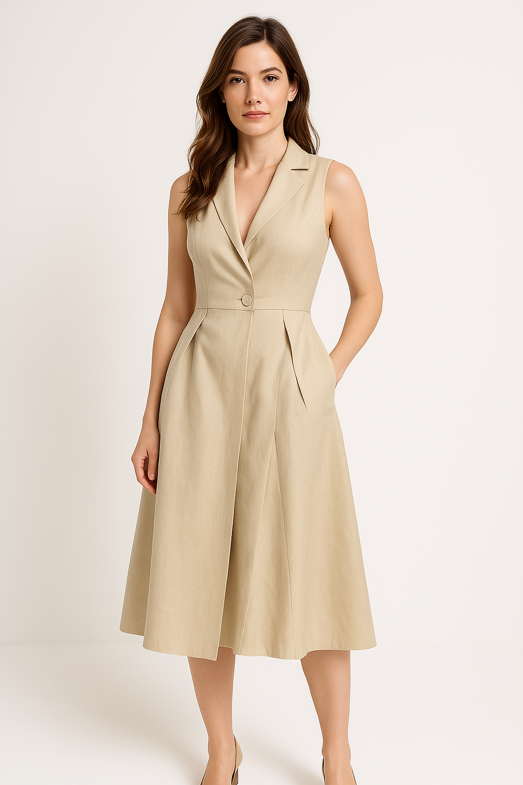 Women’s Midi Dress – V-Neck Button Front – Sleeveless Flared Fit – Lightweight Fabric