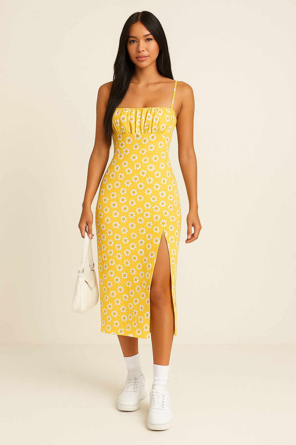 Women’s Midi Dress – Slim Fit – Spaghetti Straps – Floral Print – Side Slit – Cotton Blend