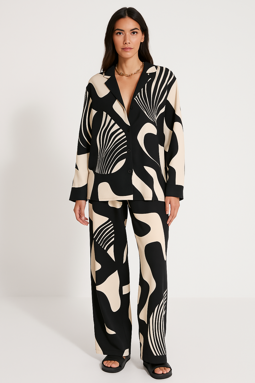 Women’s Matching Set – Button-Up Long Sleeve Top – High-Waist Wide-Leg Trousers – Relaxed Fit
