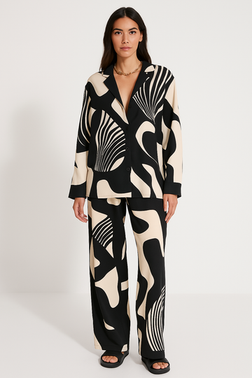 Women’s Matching Set – Button-Up Long Sleeve Top – High-Waist Wide-Leg Trousers – Relaxed Fit