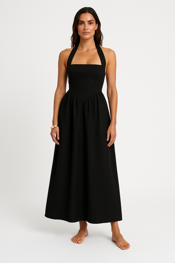 Women’s Halter Neck Dress – Backless – Fitted Bodice – Flared Maxi – Lightweight Fabric