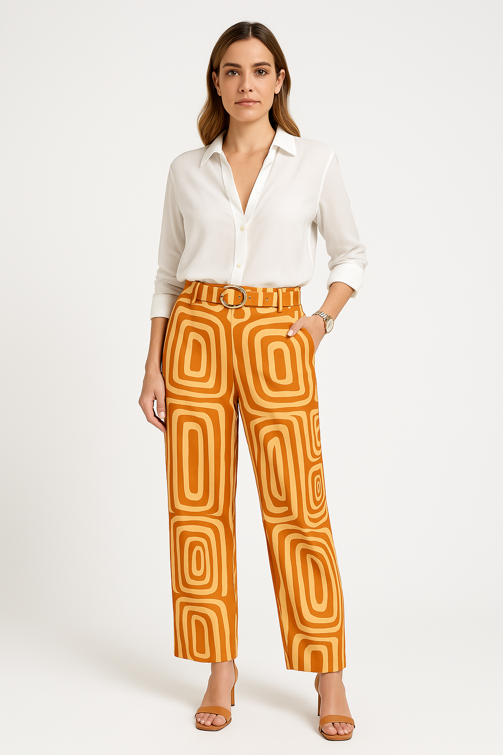 Women’s Blouse and Trouser Set – Cotton Blend – Loose Fit – Belted Straight Leg