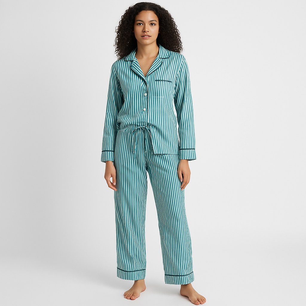 Women’s Loungewear Set – Cotton Blend – Relaxed Fit – Striped – Button Front – Drawstring Waist