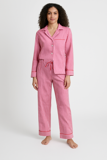 Women’s Loungewear Set – Cotton Blend – Relaxed Fit – Striped – Button Front – Drawstring Waist