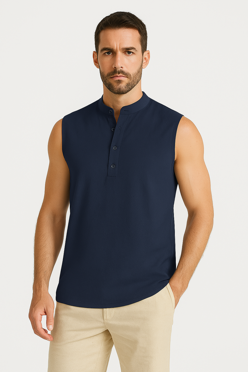 Men’s Sleeveless Vest – Lightweight – Mandarin Collar – Casual Fit