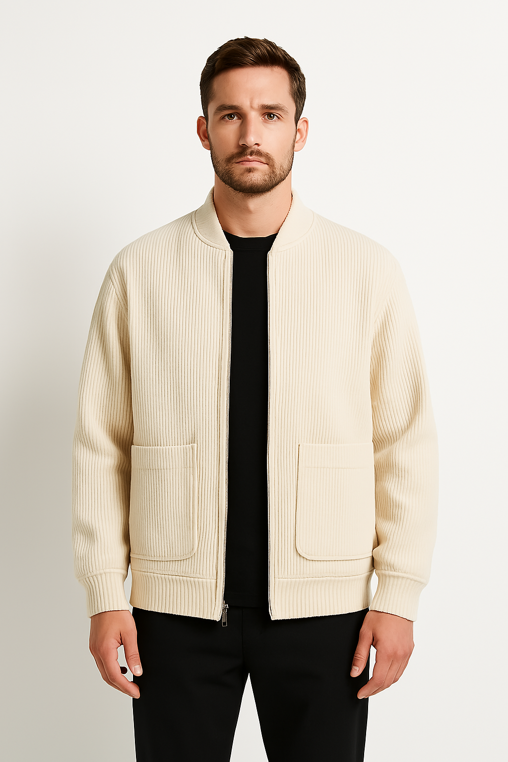 Men’s Corduroy Jacket – Relaxed Fit – V-Neck Zip Front – Ribbed Texture – Hip Length