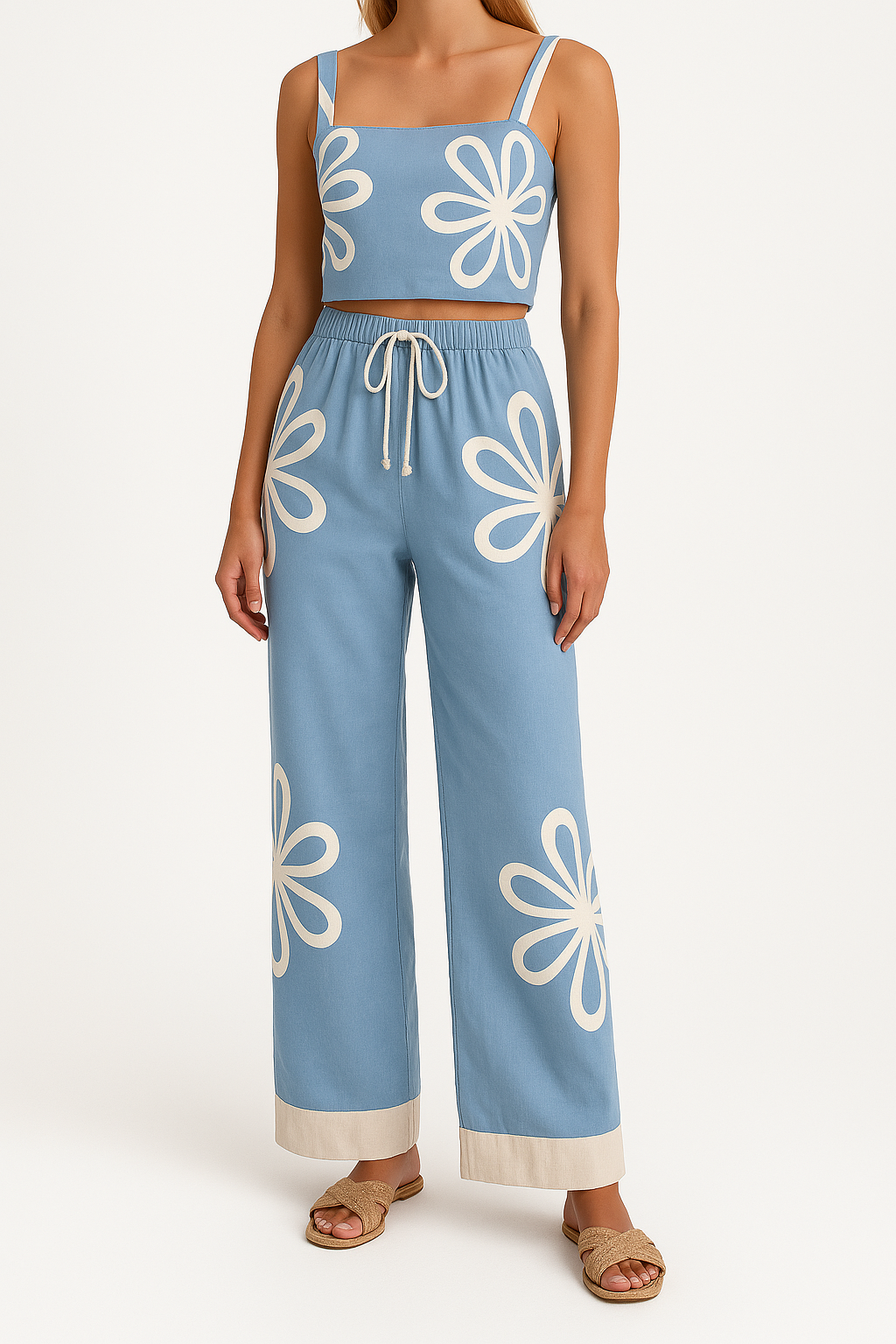 Women’s Camisole and Wide-Leg Pants Set – Cotton – Floral Print – Relaxed Fit