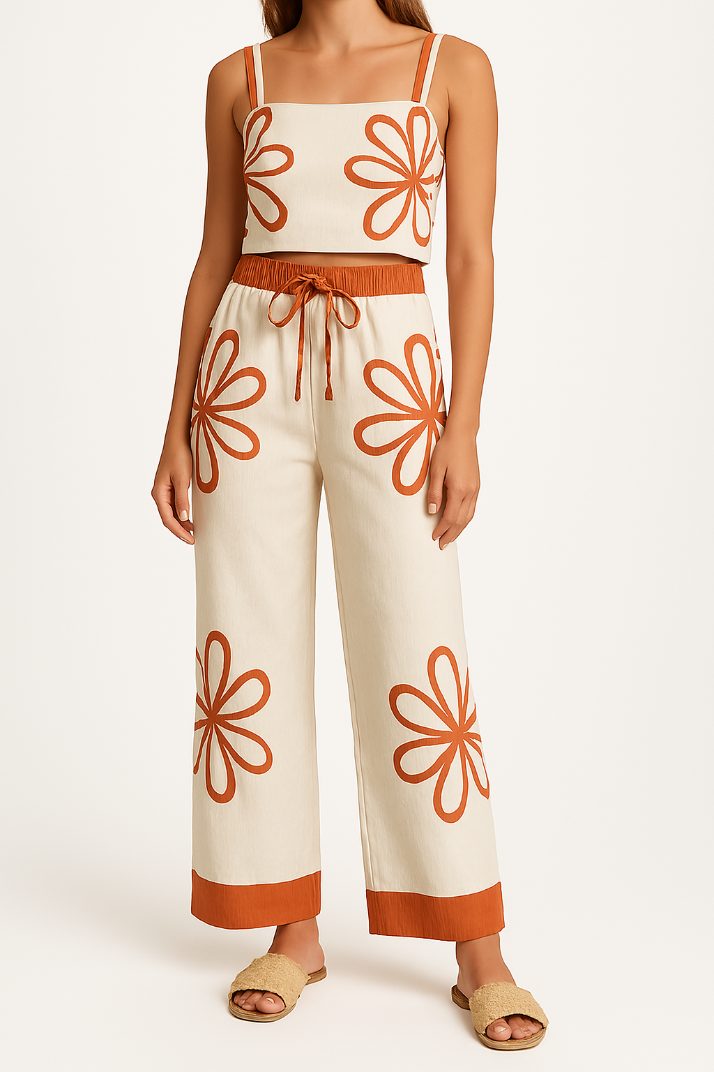 Women’s Camisole and Wide-Leg Pants Set – Cotton – Floral Print – Relaxed Fit