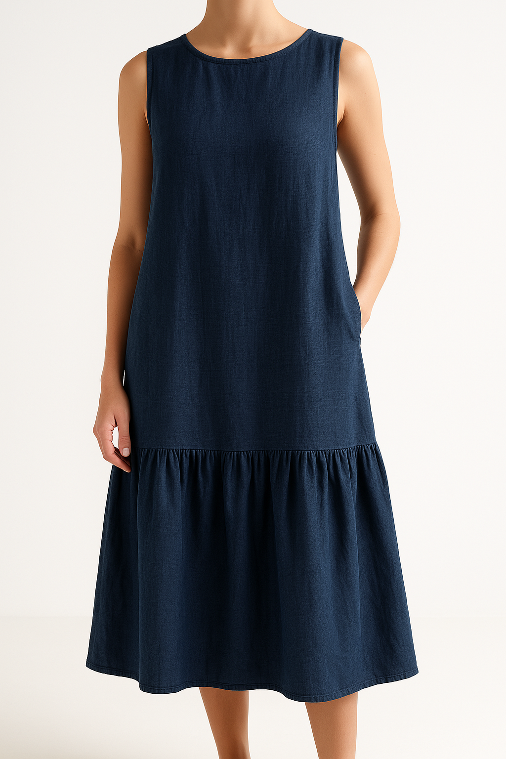 Women’s Midi Dress – Linen Blend – Loose Fit – Sleeveless A-Line – Ruffled Hem