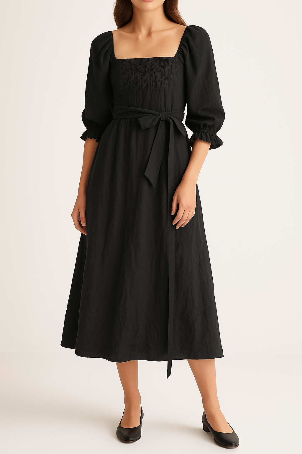 Women’s Midi Dress – Smocked Bodice – A-Line Fit – Puff Sleeves – Reversible Design