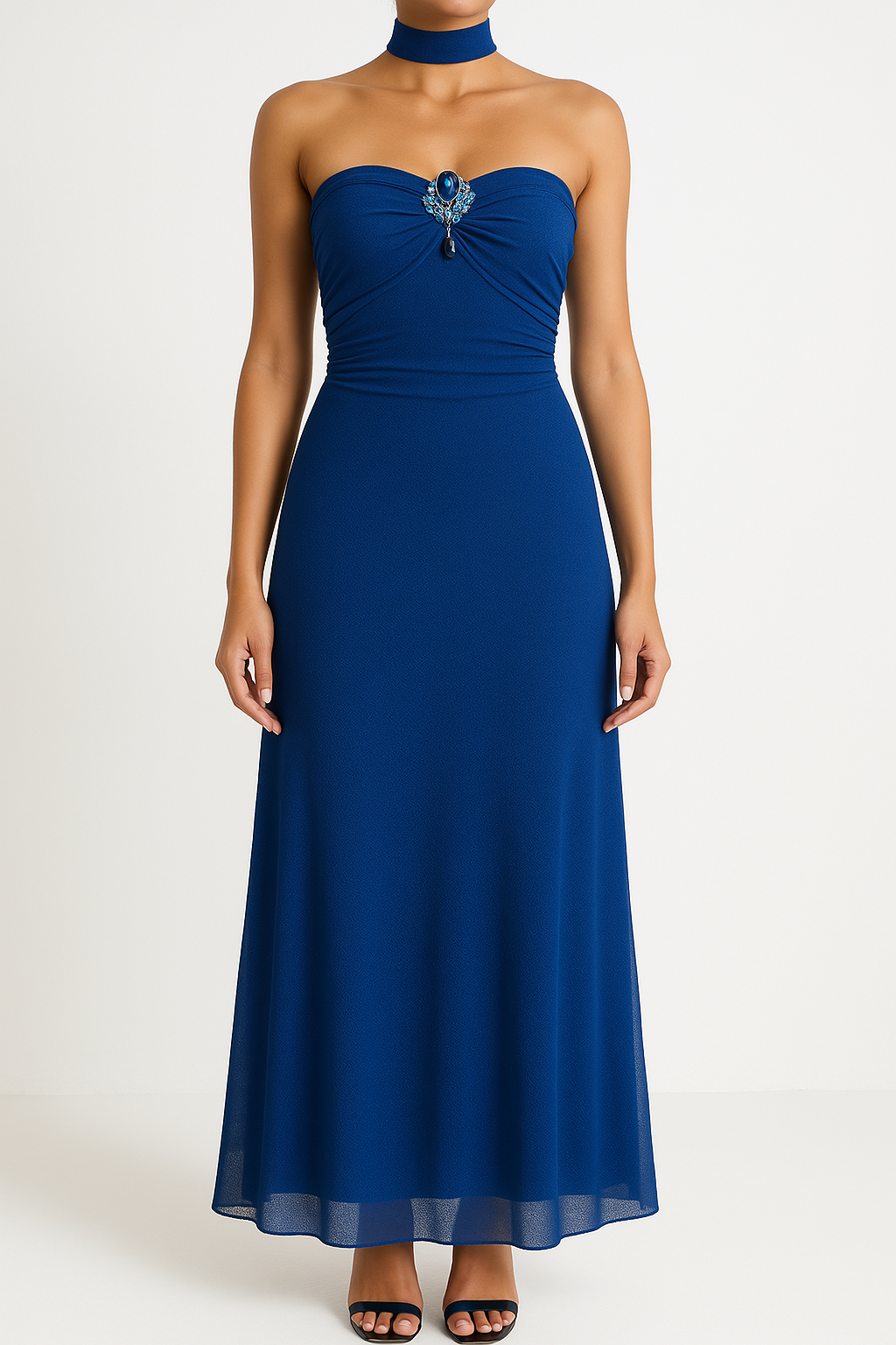 Women’s Evening Gown – Strapless Slim Fit – Mesh Overlay – Full Length Formal Dress
