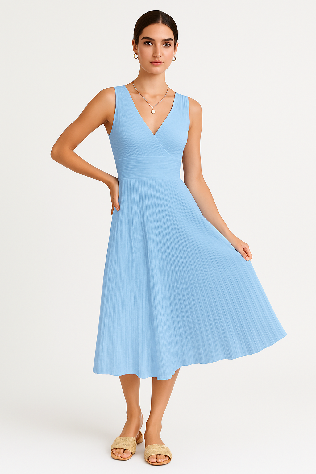 Women’s Midi Dress – Knit Fabric – V-Neck – Sleeveless – Pleated A-Line – Fitted Waist