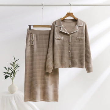 Women’s Two-Piece Knit Set – Polo Neck Cardigan – Slim-Fit Midi Skirt – Grid Texture