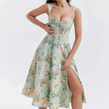 Women’s Midi Dress – Corset Bodice – A-Line Fit – Side Slit – Floral Print – Wide Straps
