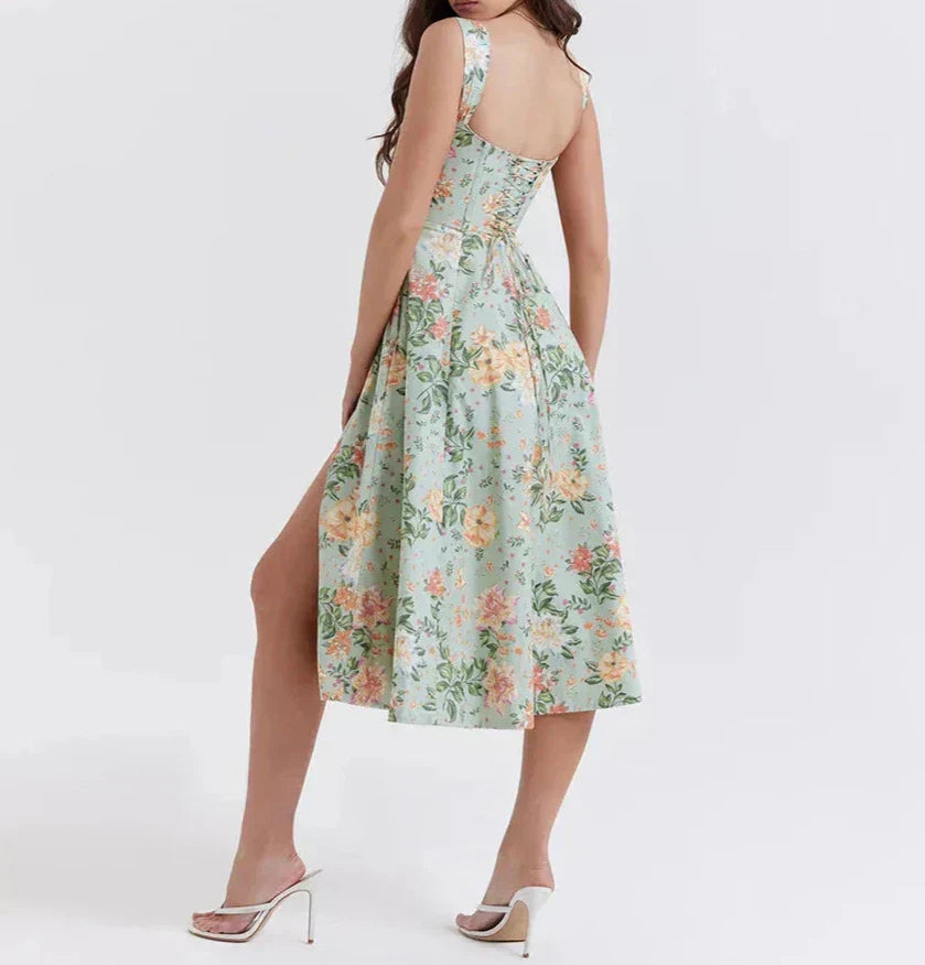 Women’s Midi Dress – Corset Bodice – A-Line Fit – Side Slit – Floral Print – Wide Straps