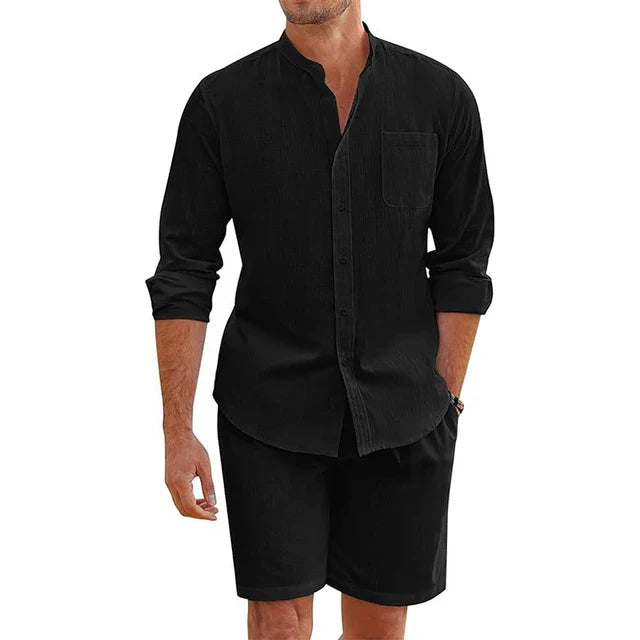 Men's Breathable 2-Piece Outfit - Vintage Stand Collar Shirt & Shorts Set