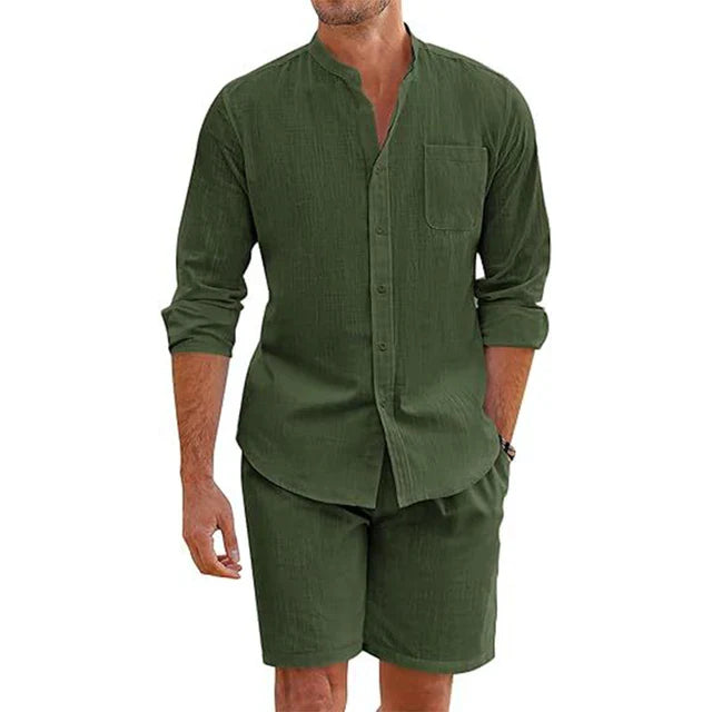 Men's Breathable 2-Piece Outfit - Vintage Stand Collar Shirt & Shorts Set