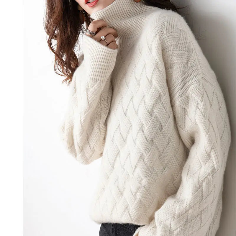 Women’s Sweater – Wool Blend – Oversized Fit – Cable Knit – Turtleneck Casual Style