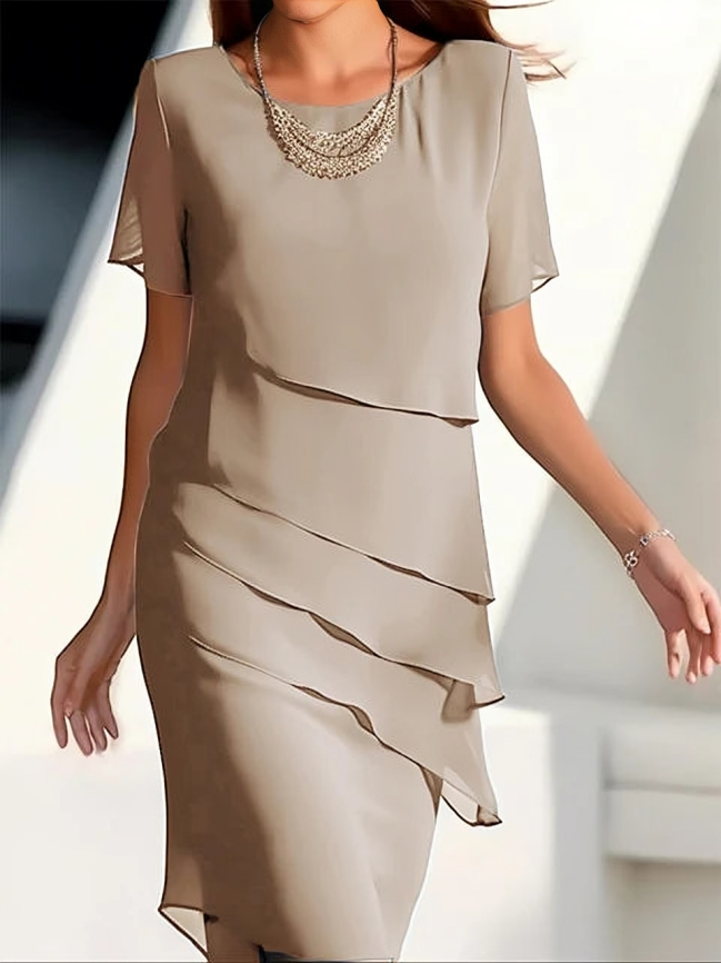 Women's Midi Dress - Layered Ruffle Design - Short Sleeve - Elegant Flowy Fit