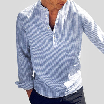 Men’s Henley Shirt – Relaxed Fit – Long Sleeve – Band Collar – Striped
